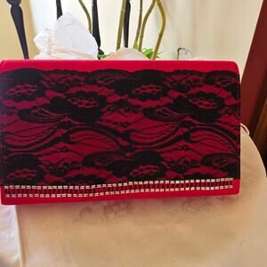 NIB Elite Champagne red with black lace and beading rectangular purse
